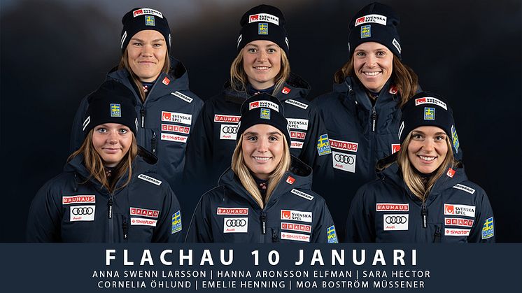 Anna Swenn Larsson, Hanna Aronsson Elfman, Sara Hector, Cornelia Öhlund, Emelie Henning och Moa Boström Müssener startar i slalomen i Flachau 10 januari.