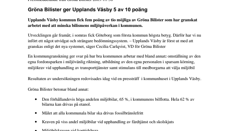 Gröna Bilister ger Upplands Väsby 5 av 10 poäng