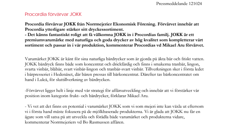 Procordia förvärvar JOKK