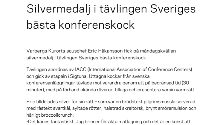 Silvermedalj i tävlingen Sveriges bästa konferenskock