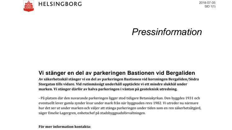 ​Vi stänger en del av parkeringen Bastionen vid Bergaliden 