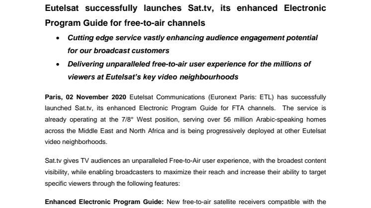 ​Eutelsat successfully launches Sat.tv, its enhanced Electronic Program Guide for free-to-air channels