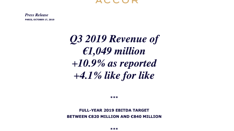 Q3 2019 Revenue of €1,049 million +10.9% as reported +4.1% like for like