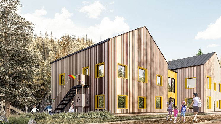 Nya förskolan i Gnarp blir en ny mötesplats med hållbarhet i fokus. Illustration: Street Monkey Architects/Friendly Buildning 