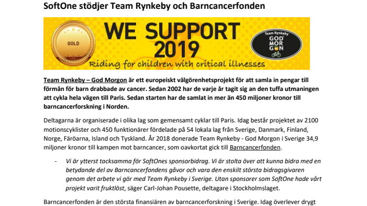 SoftOne stödjer Team Rynkeby och Barncancerfonden
