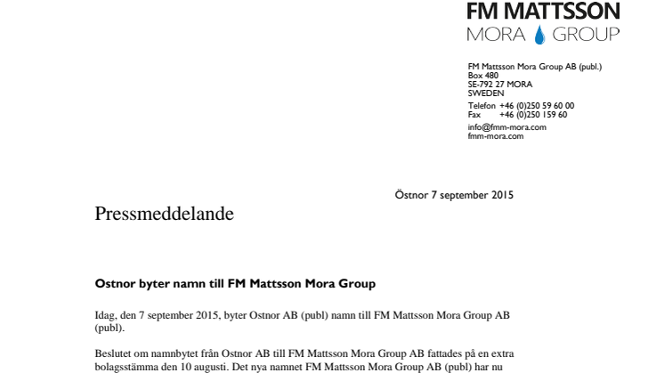 Ostnor byter namn till FM Mattsson Mora Group