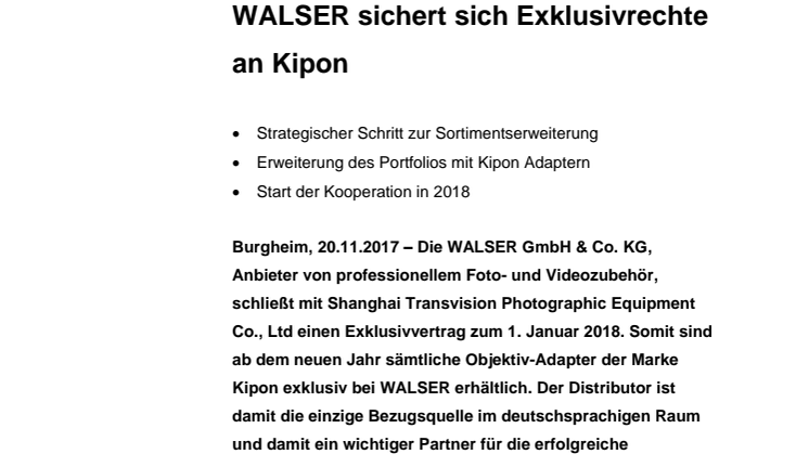 WALSER sichert sich Exklusivrechte an Kipon