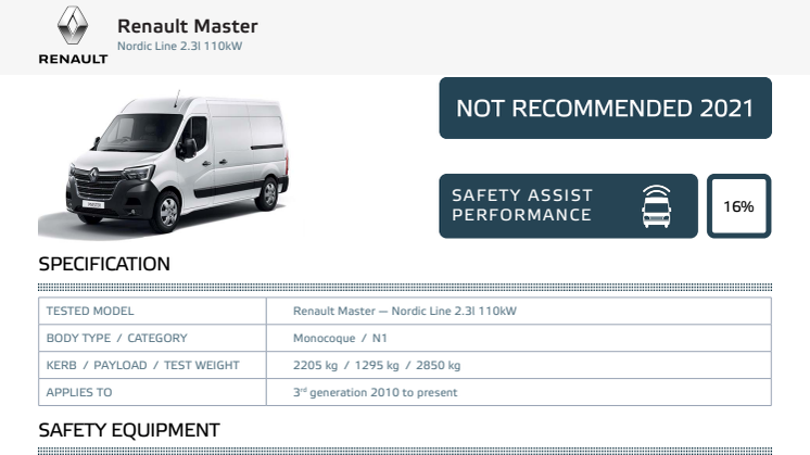 Euro NCAP Commercial Van Testing - Renault Master datasheet