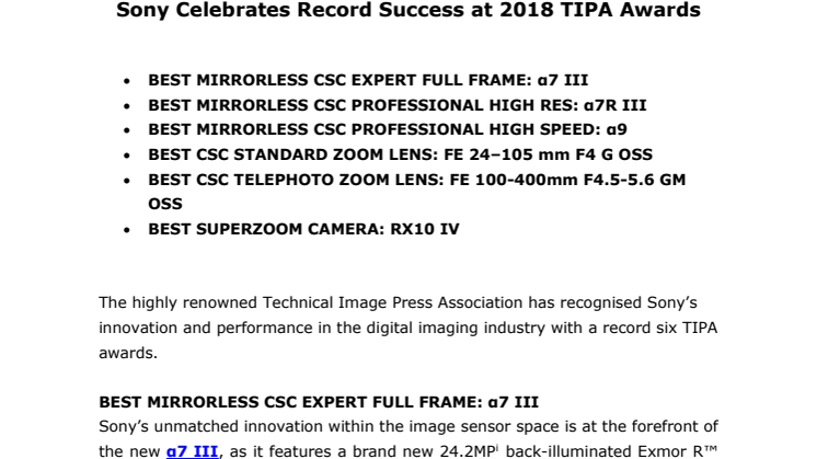 Sony Celebrates Record Success at 2018 TIPA Awards
