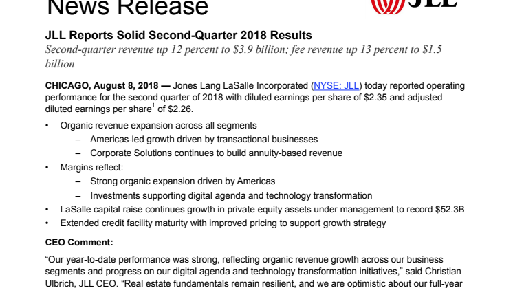 JLL Reports Solid Second-Quarter 2018 Results