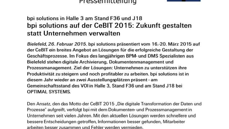 bpi solutions auf der CeBIT 2015: Zukunft gestalten statt Unternehmen verwalten