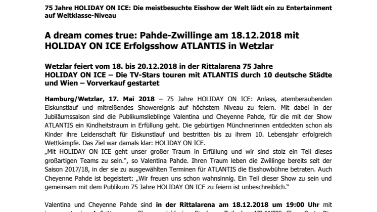 A dream comes true: Pahde-Zwillinge am 18.12.2018 mit HOLIDAY ON ICE Erfolgsshow ATLANTIS in Wetzlar