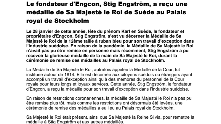 271021_Press_Le fondateur d'Engcon, Stig Engström, a reçu une médaille de Sa Majesté le Roi de Suède au Palais royal de Stockholm