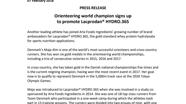 Orienteering world champion signs up to promote Lacprodan® HYDRO.365