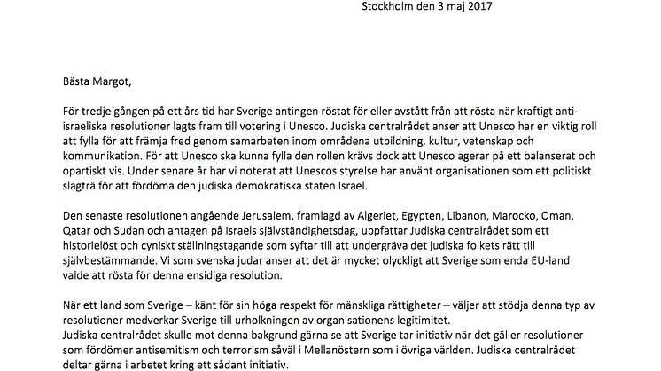 Brev från Judiska centralrådet till Margot Wallström angående Unesco