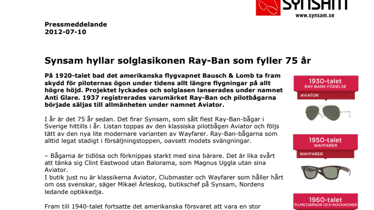 Synsam hyllar solglasikonen Ray-Ban som fyller 75 år 