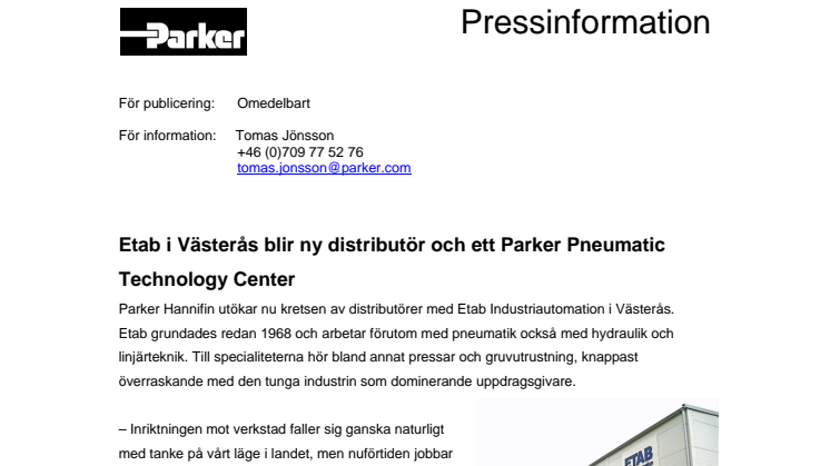 Etab i Västerås blir ny distributör och ett Parker Pneumatic Technology Center