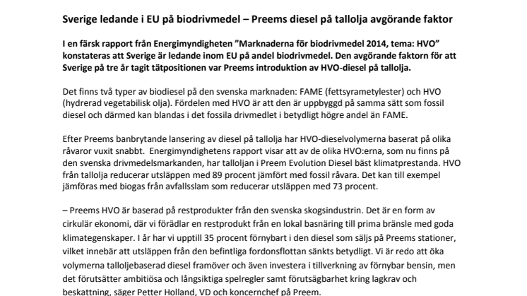 Sverige ledande i EU på biodrivmedel – Preems diesel på tallolja avgörande faktor