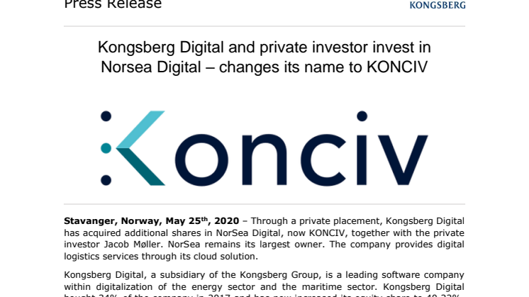 Kongsberg Digital and private investor invest in Norsea Digital – changes its name to KONCIV