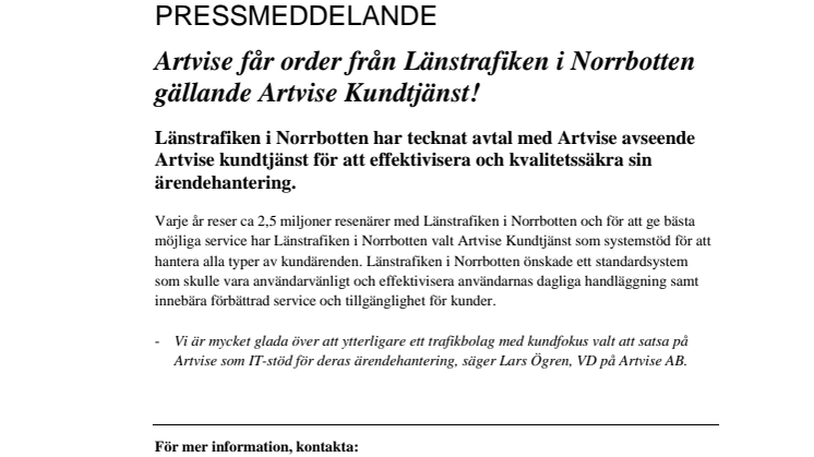 Artvise får order från Länstrafiken i Norrbotten gällande Artvise Kundtjänst!