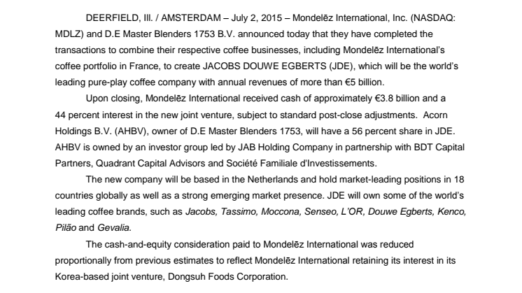 Mondelēz International and D.E Master Blenders 1753 Complete Coffee Transactions