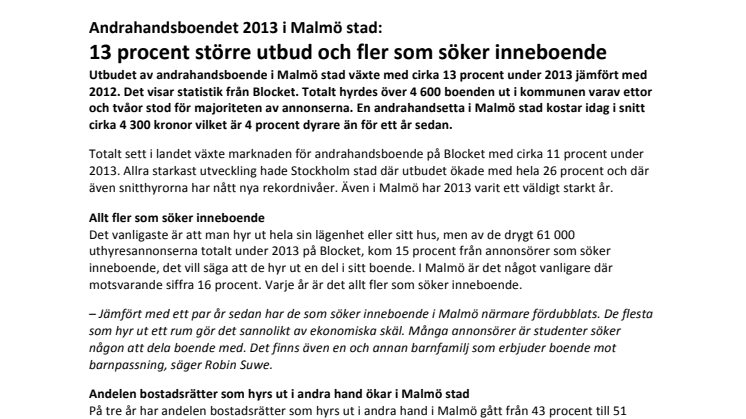 Andrahandsboendet 2013 i Malmö stad: 13 procent större utbud och fler som söker inneboende 