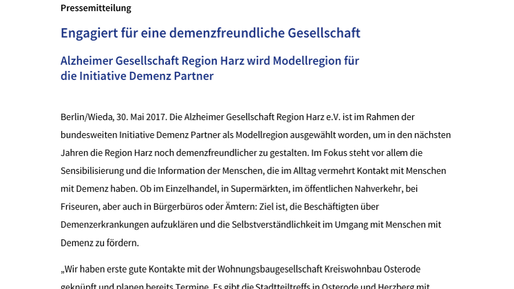 Engagiert für eine demenzfreundliche Gesellschaft: Alzheimer Gesellschaft Region Harz wird Modellregion für die Initiative Demenz Partner