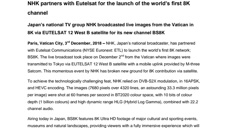 NHK partners with Eutelsat for the launch of the world’s first 8K channel