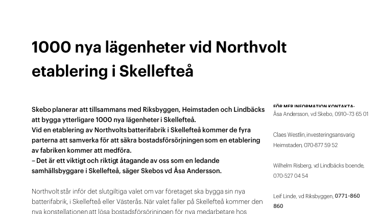 1000 nya lägenheter vid Northvolt etablering i Skellefteå