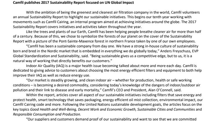 Camfil publishes 2017 Sustainability Report focused on UN Global Compact