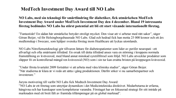NOLabs fick med sin teknologi för smärtlindring för diabetiker utmärkelsen MedTech Invenstment Day Award 2008.