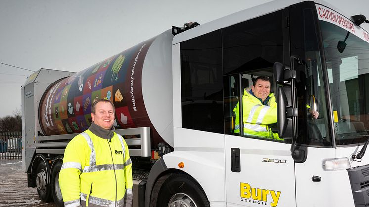 Operations manager Carl Nieland and Cllr Alan Quinn try out one of the new waste collection trucks.