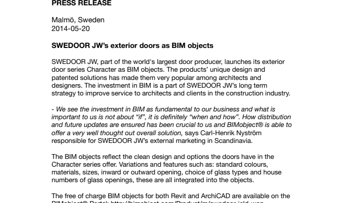 SWEDOOR JW’s exterior doors as BIM objects