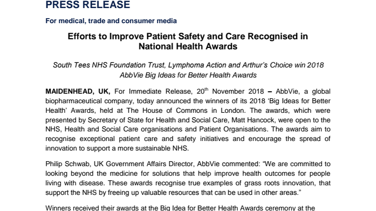 Efforts to Improve Patient Safety and Care Recognised in National Health Awards