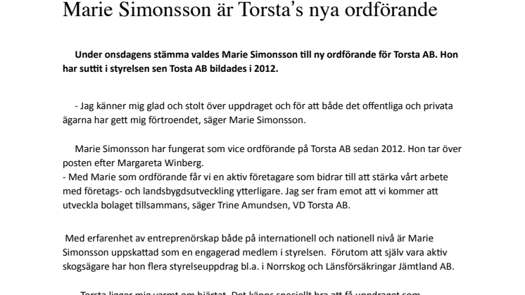 Marie Simonsson är Torsta’s nya ordförande 