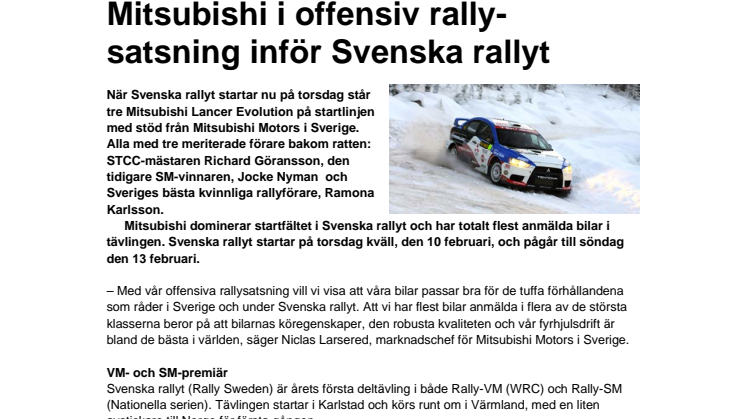 Mitsubishi i offensiv rallysatsning inför Svenska rallyt