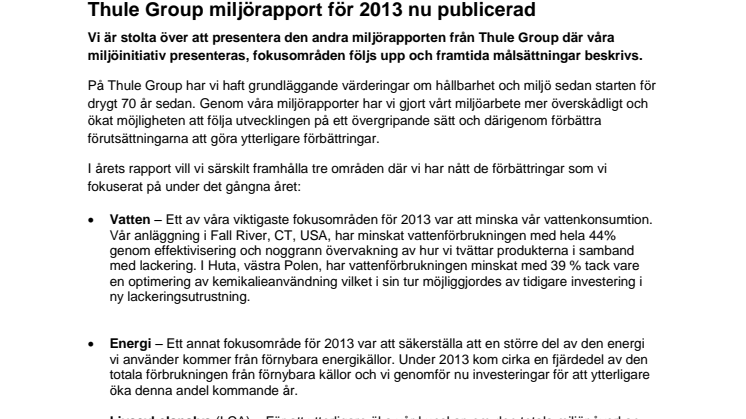 Thule Group miljörapport för 2013 nu publicerad