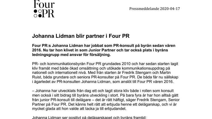 Johanna Lidman blir partner i Four PR