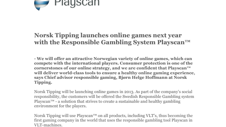 Norsk Tipping launches online games next year with the Responsible Gambling System Playscan™
