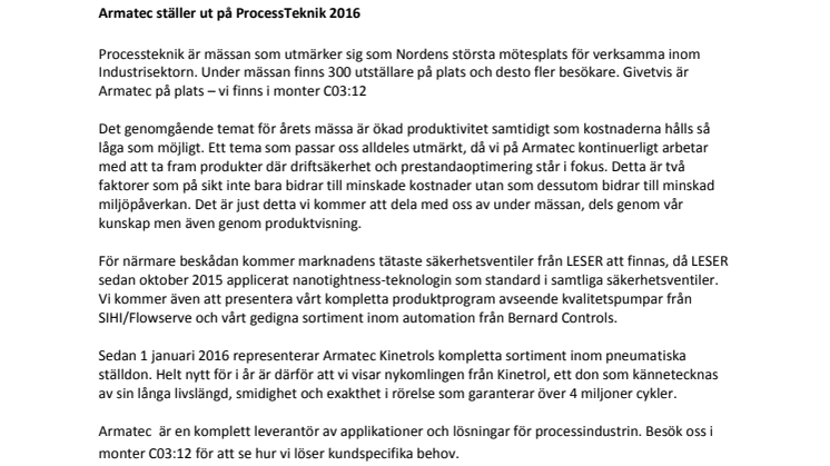 Armatec ställer ut på ProcessTeknik 2016