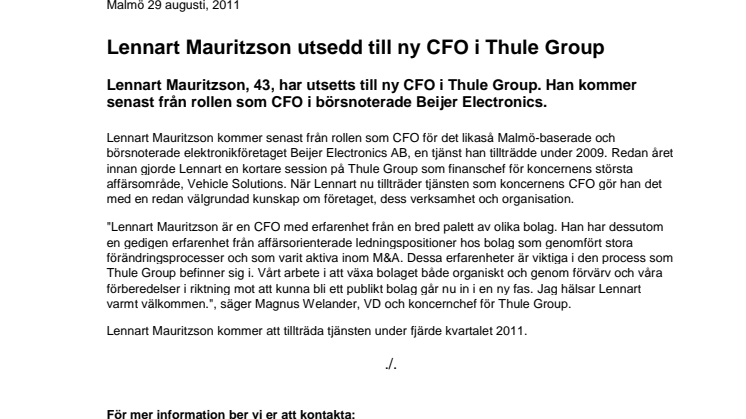 Lennart Mauritzson utsedd till ny CFO i Thule Group