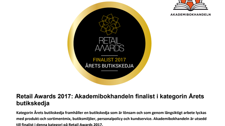 Retail Awards 2017: Akademibokhandeln finalist i kategorin Årets butikskedja