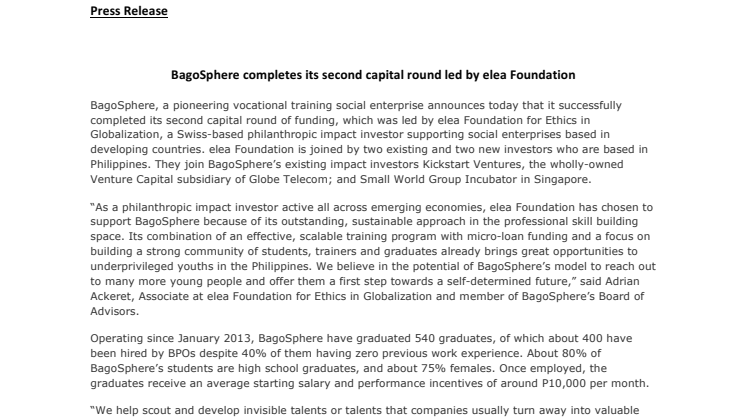 BagoSphere completes its second capital round led by elea Foundation