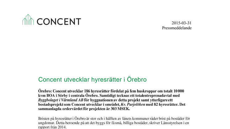 Concent utvecklar ytterligare 186 hyresrätter i Örebro