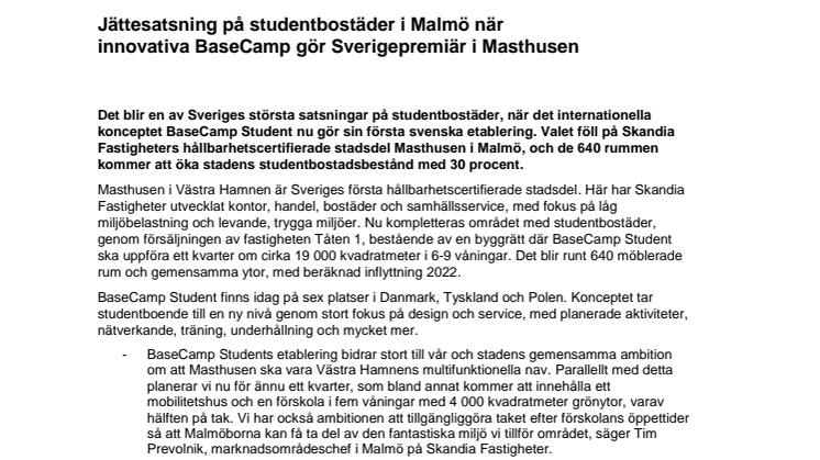 Jättesatsning på studentbostäder i Malmö när  innovativa BaseCamp gör Sverigepremiär i Masthusen