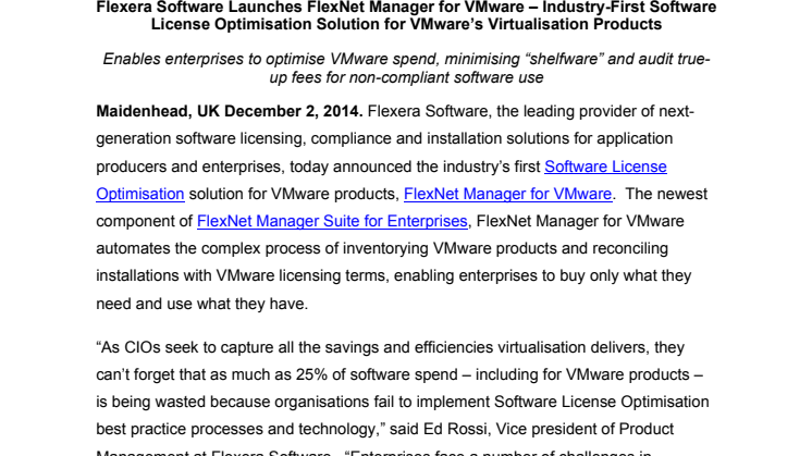 Flexera Software Launches FlexNet Manager for VMware – Industry-First Software License Optimisation Solution for VMware’s Virtualisation Products