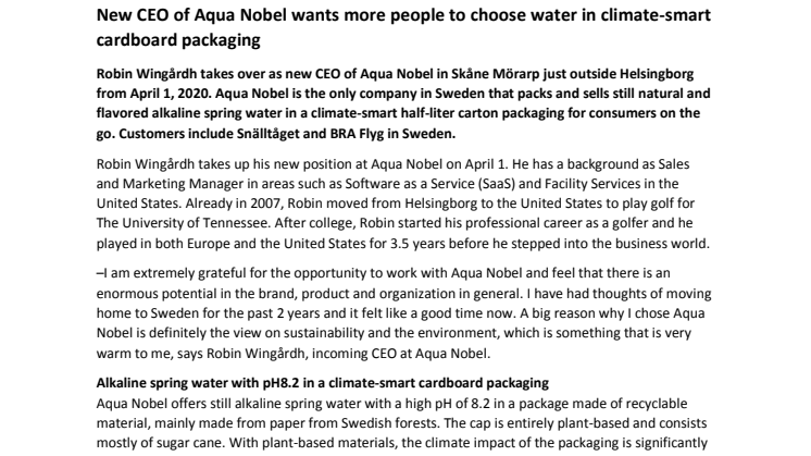 New CEO of Aqua Nobel wants more people to choose water in climate-smart cardboard packaging