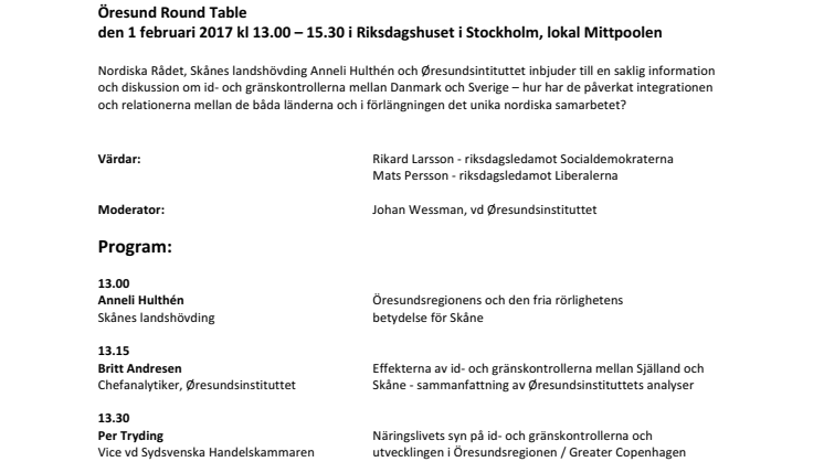 Program för Öresund Round Table i Stockholm 1 februari