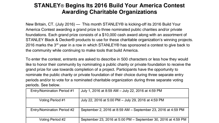STANLEY® Begins Its 2016 Build Your America Contest Awarding Charitable Organizations