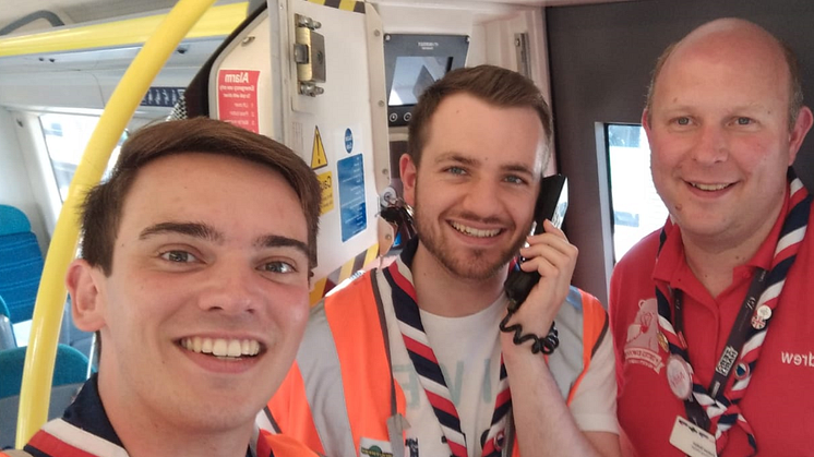 Jake Orros, Matthew Longden and Andrew Bolton on board a Southern train at Selhurst